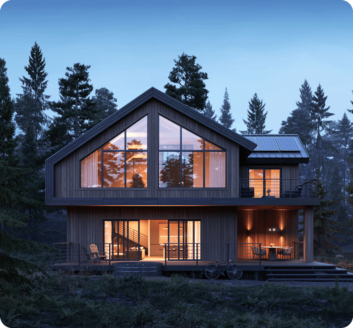 Modern wooden house with large glass windows.